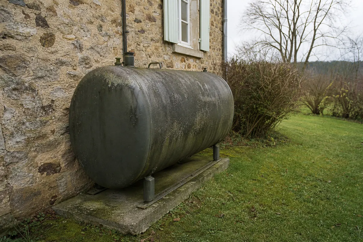 Cuve à fioul contre un mur de maison